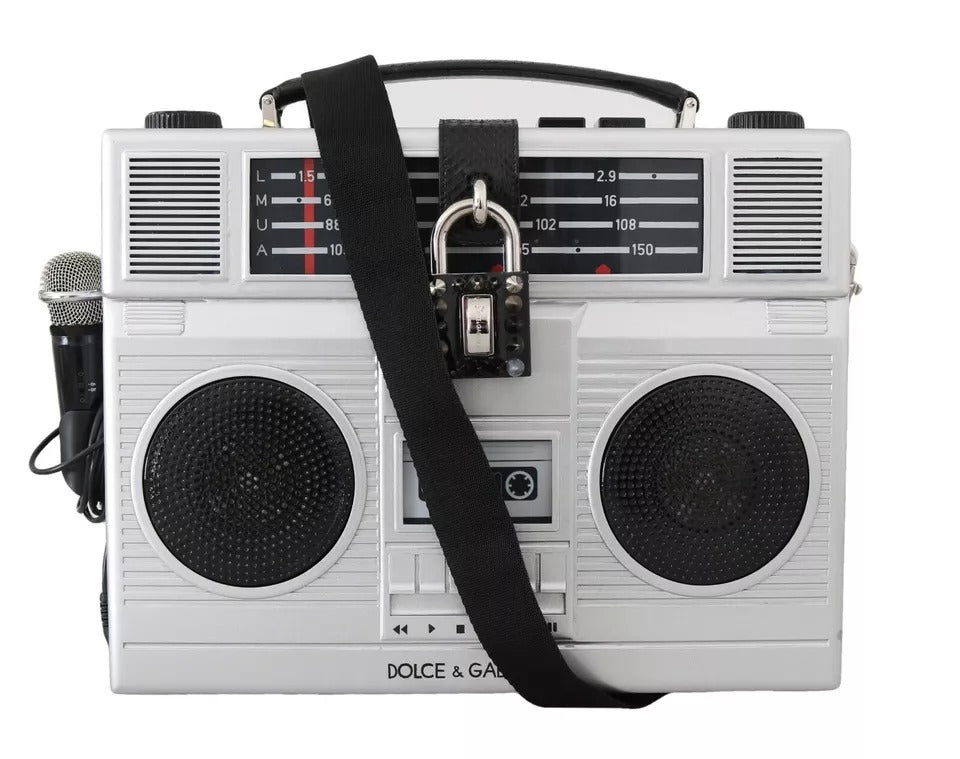 Zilveren Retro Radio Boombox Limited Edition Handgemaakte Houten Tas
