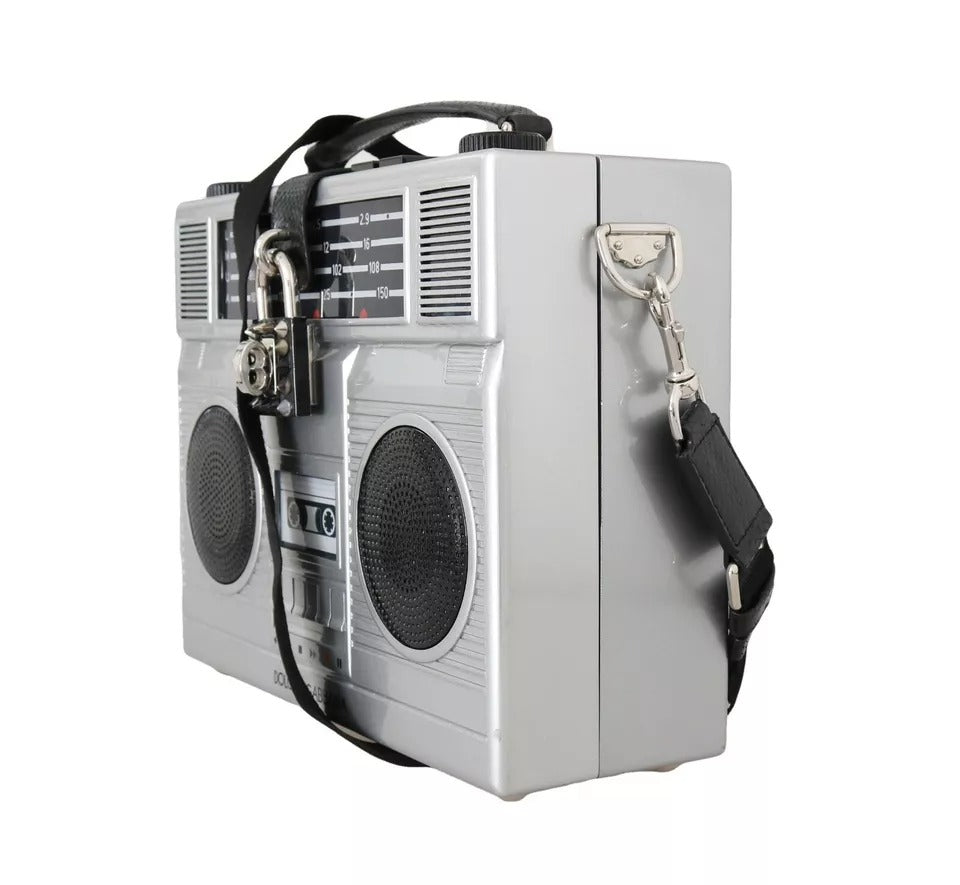 Zilveren Retro Radio Boombox Limited Edition Handgemaakte Houten Tas