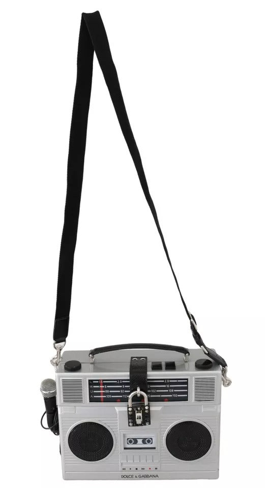 Zilveren Retro Radio Boombox Limited Edition Handgemaakte Houten Tas