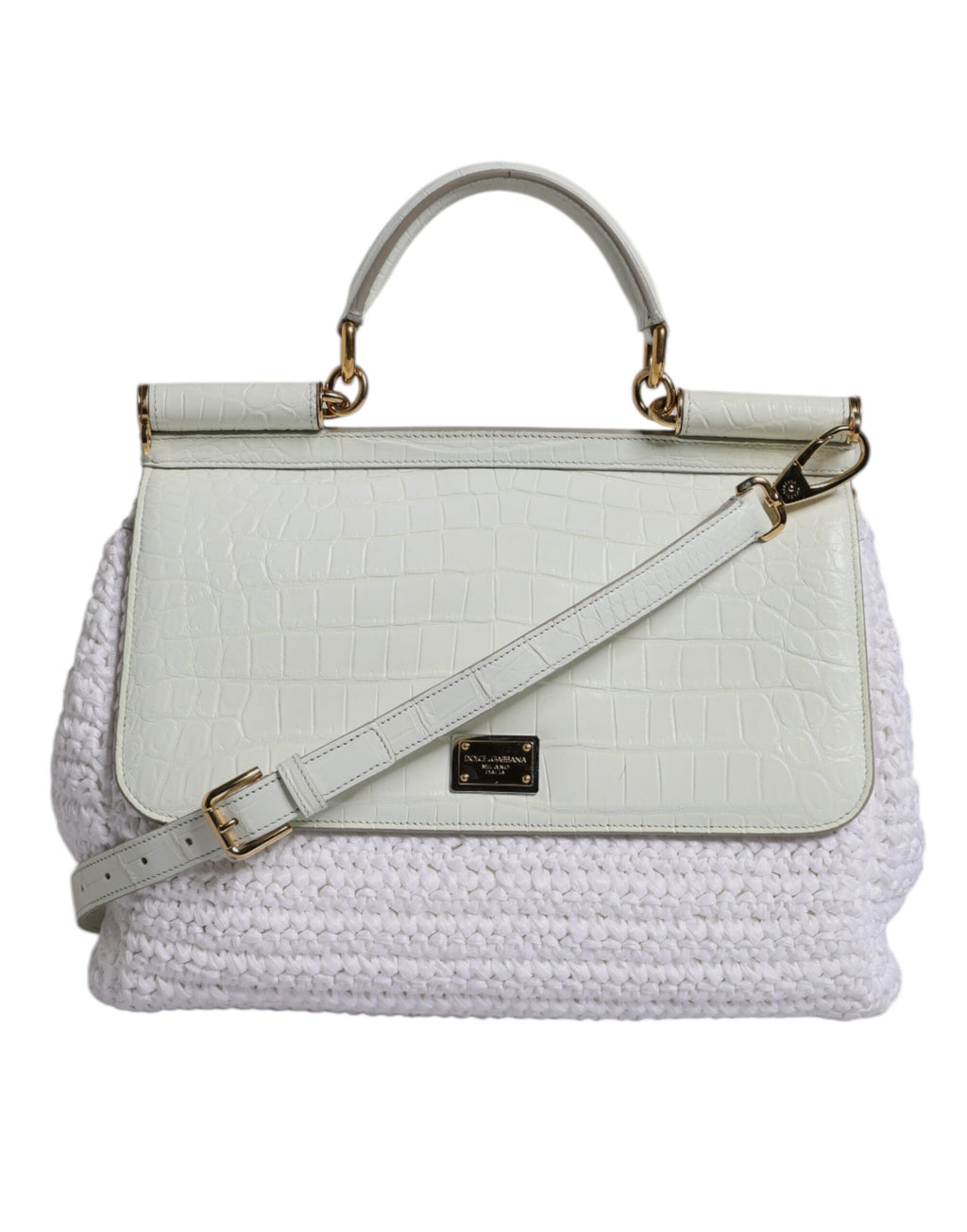 Witte Rafia Leren Crossbodytas met Handvat
