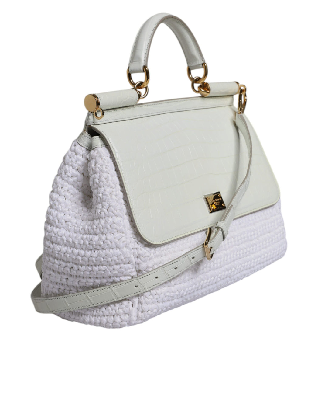 Witte Rafia Leren Crossbodytas met Handvat